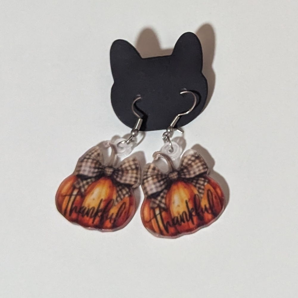 Women girl Pumpkin drop earrings Thankful acrylic bow orange a-